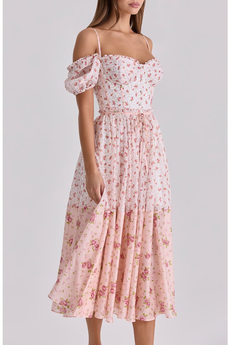 Penelope Floral Puff Sleeve Corset Chiffon Midi Dress, Alternate, color, PINK ROSE
