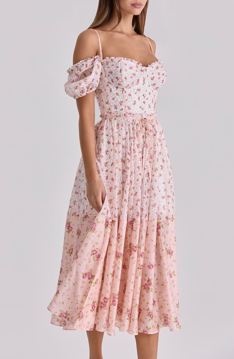 HOUSE OF CB Penelope Floral Puff Sleeve Corset Chiffon Midi Dress, Alternate, color, Pink Rose