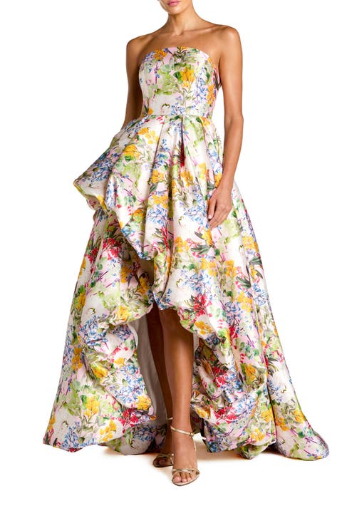 Multicolor Strapless Floral High Low Bubble Hem Gown