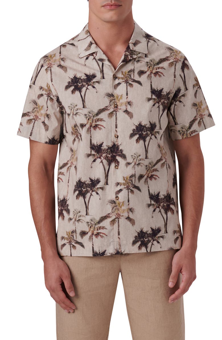 Bugatchi Shaped Fit Print Stretch Cotton Short Sleeve Button-Up Shirt, Main, color, Sand