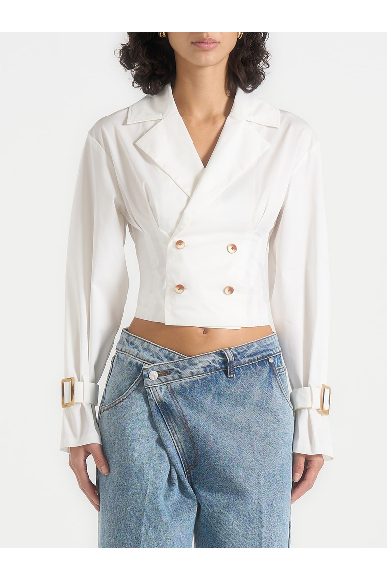 Andrea Double Breasted Cropped Shirt With Balloon Sleeves, Alternate, color, White