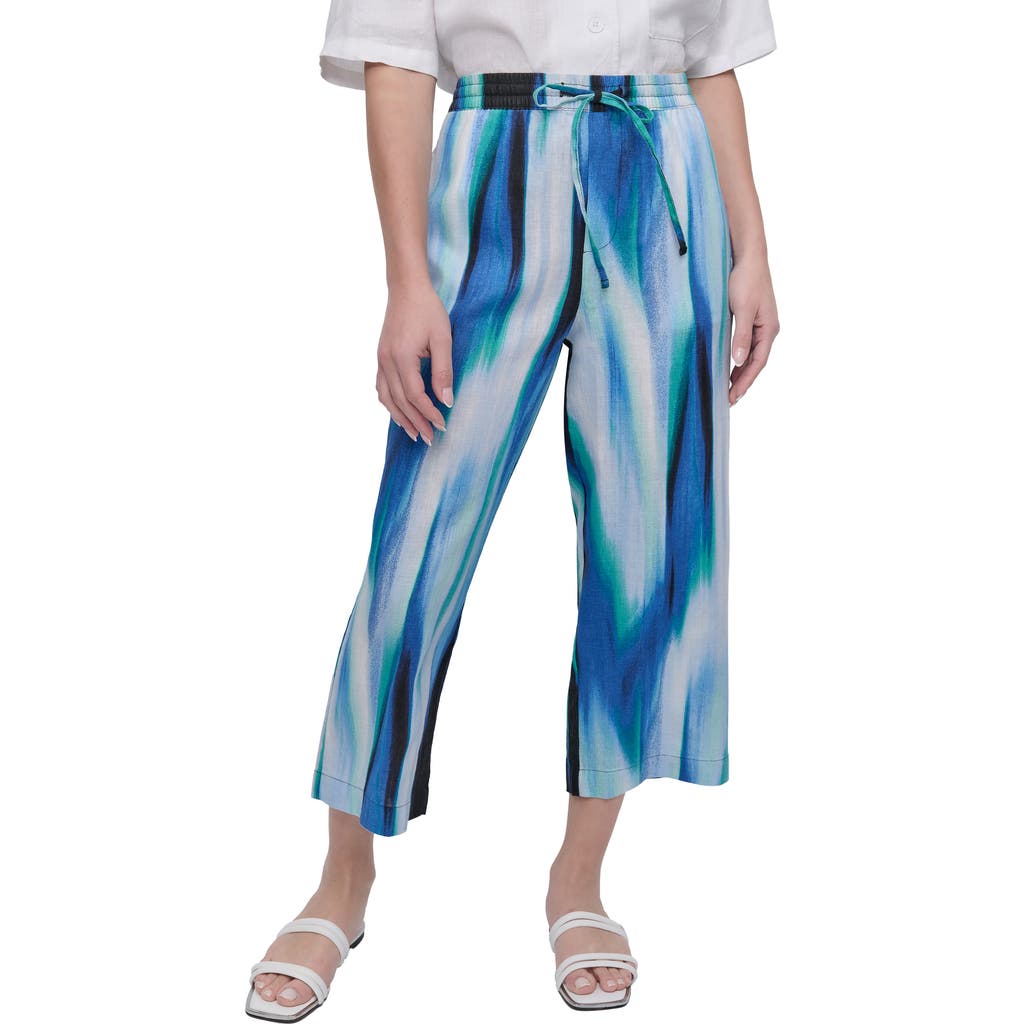 Dkny Abstract Print Crop Linen Drawstring Pants In Caribbean