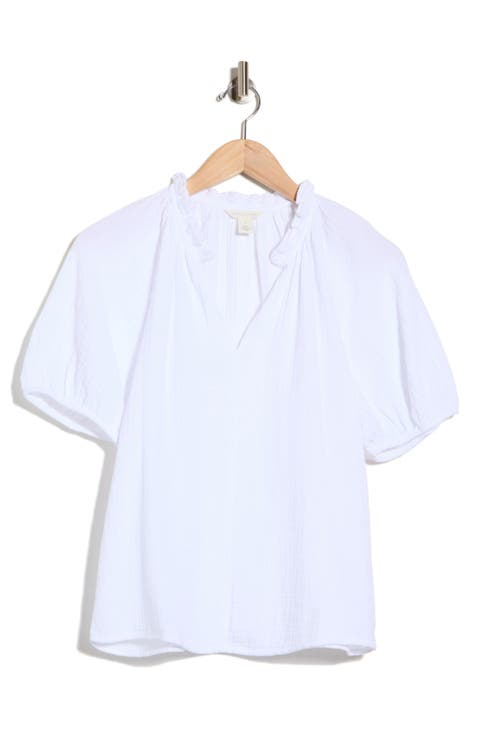 Split Neck Puff Sleeve Cotton Gauze Top