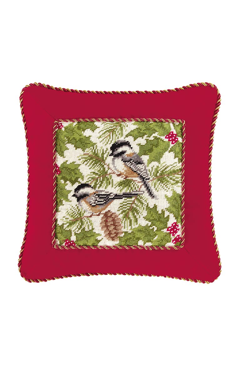 Chickadee with Cord Needlepoint Christmas Accent Pillow 12" x 16", Main, color, Red