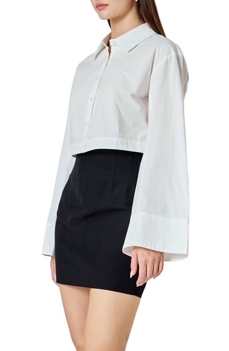 Endless Rose Flare Sleeve Cotton Crop Button-Up Shirt, Alternate, color, White