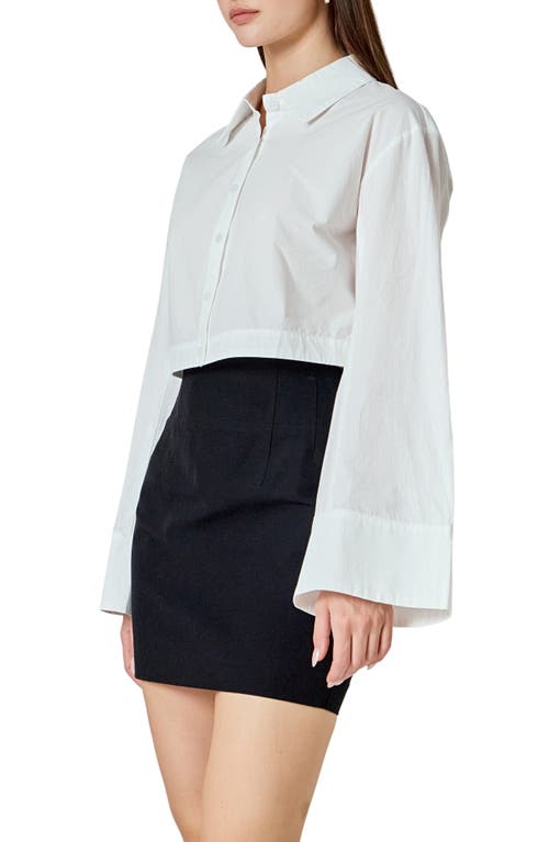 Endless Rose Flare Sleeve Cotton Crop Button-up Shirt In White