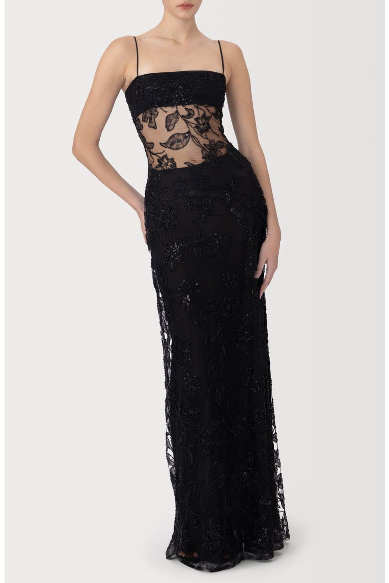 Adelaide Beaded Sheer Detail Gown, Alternate, color, BLACK