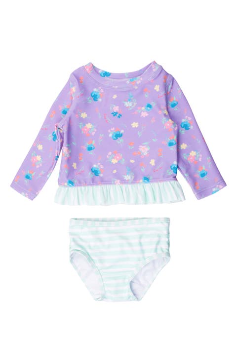 Purple Garden Ruffle Long Sleeve UPF 50+ Two-Piece Rashguard Swimsuit (Baby)