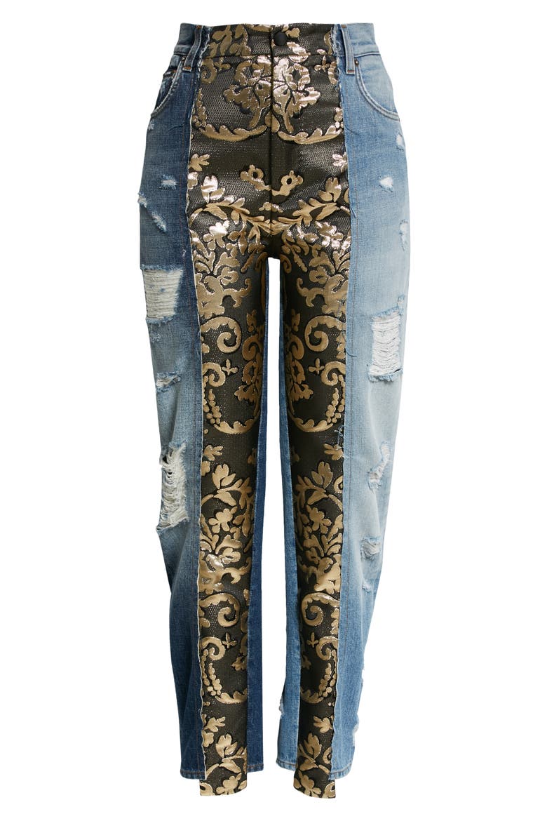 Distressed Brocade Patchwork Relaxed Crop Jeans, Alternate, color, MULTI