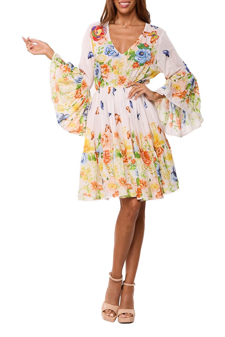 Floral Bell Sleeve Minidress, Main, color, WHITE