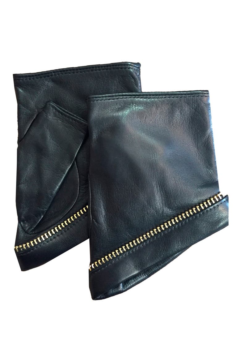 Jacqueline Zip Cuff Fingerless Leather Wrist Warmers, Main, color, BLACK