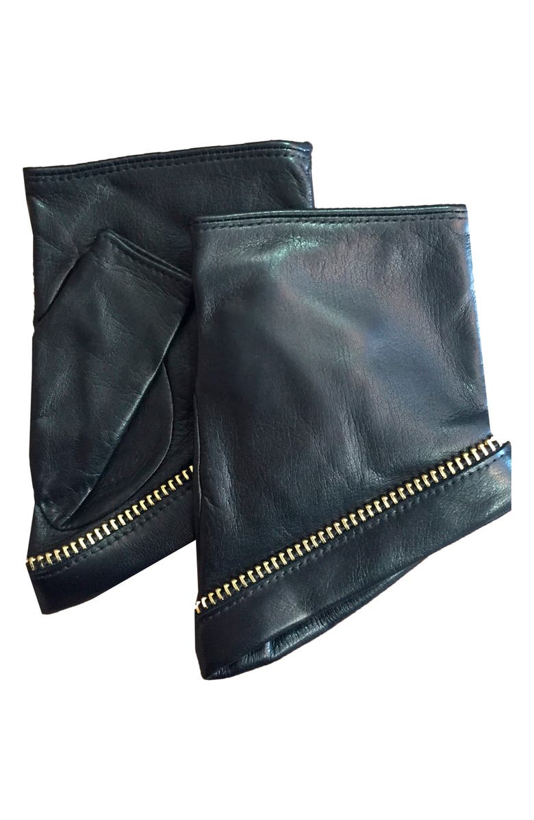 Paula Rowan Jacqueline Zip Cuff Fingerless Leather Wrist Warmers, Main, color, Black