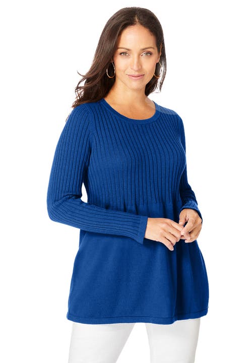 Jessica London Ribbed Baby Doll Tunic Sweater In Blue