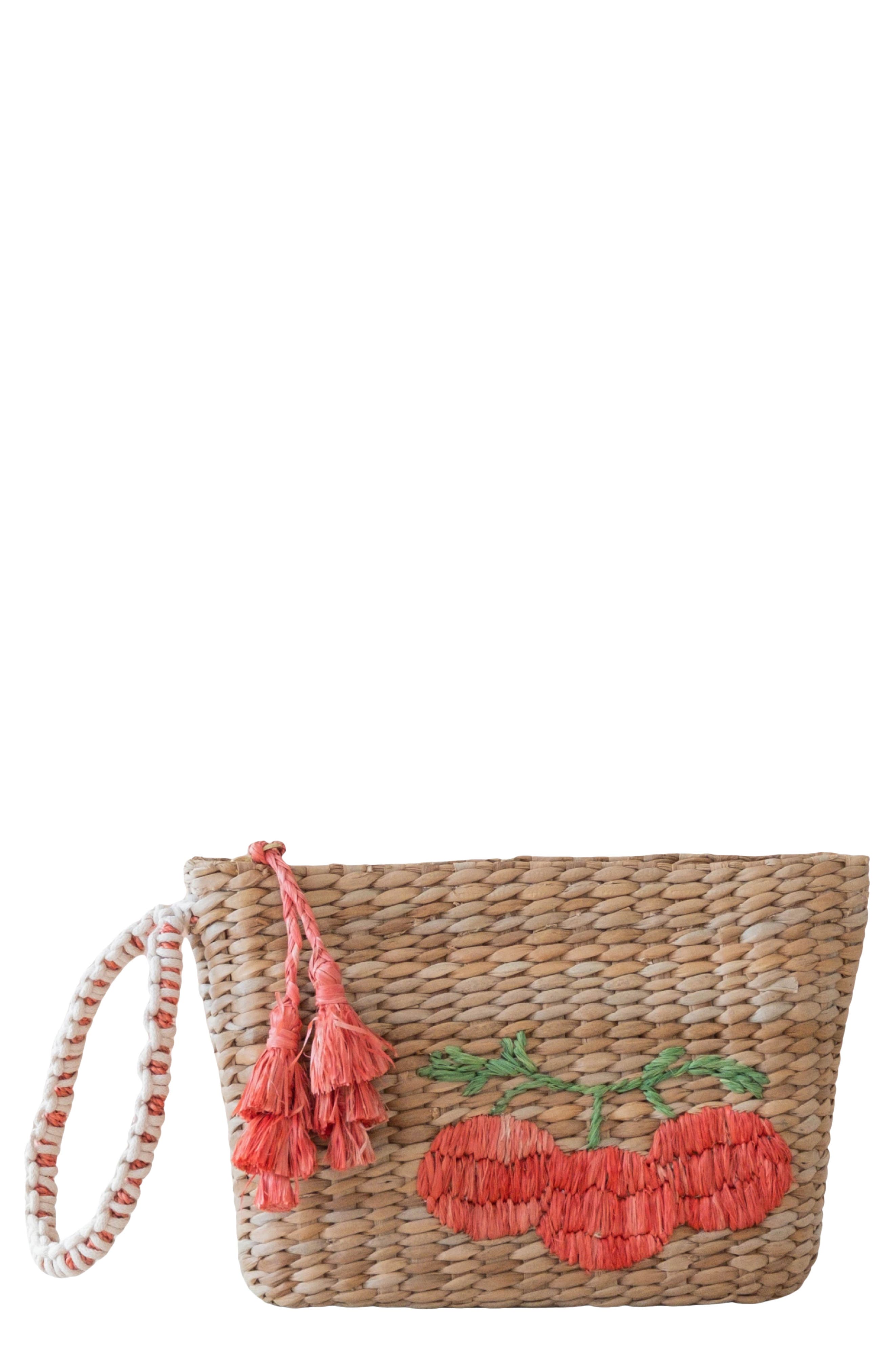 LIKHA Tomato Embroidered Straw Pouch, Main, color, 