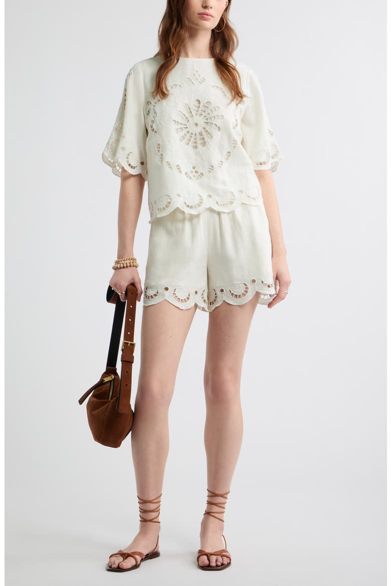 Cutwork Hem Linen Blend Pull-On Shorts, Alternate, color, IVORY EGRET