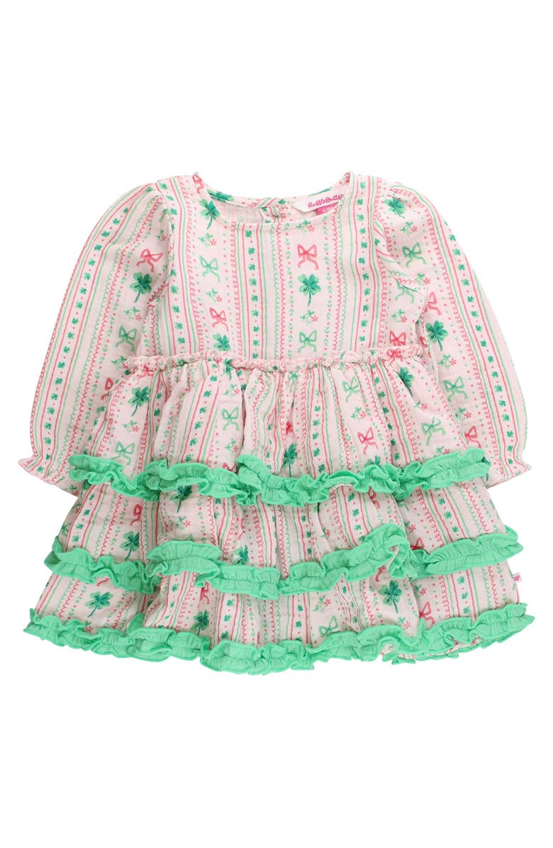 RuffleButts Cotton Gauze Tiered Ruffle Dress, Main, color, Clover Bows & Wishes