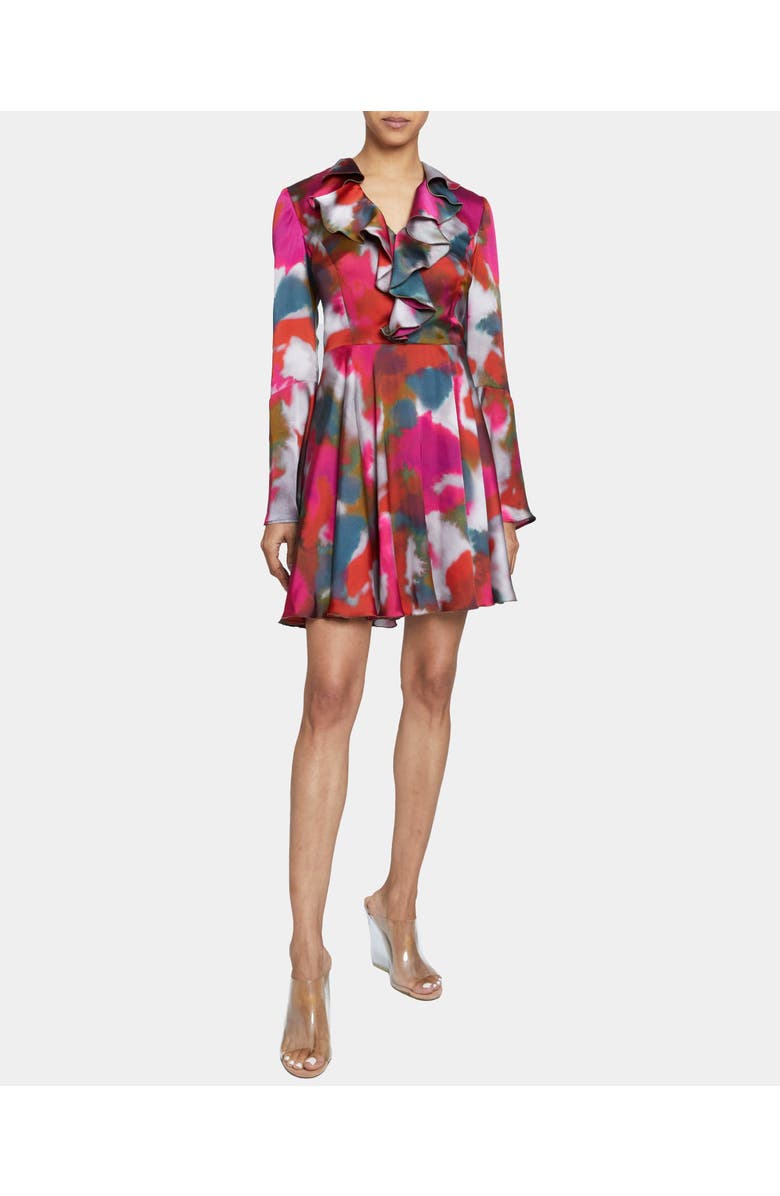 Santorelli ROXY Long Sleeve Ruffled Dress in Abstract Printed Charmeuse, Main, color, 
