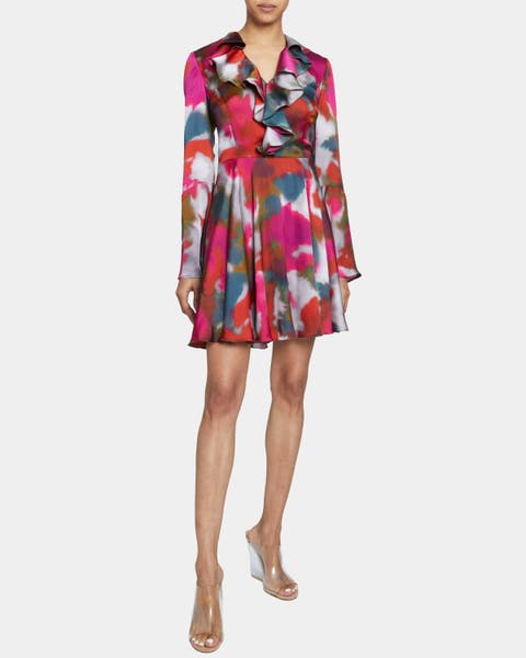 ROXY Long Sleeve Ruffled Dress in Abstract Printed Charmeuse