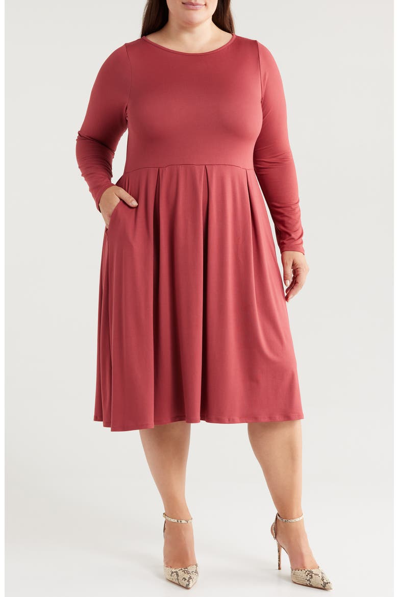 Fit & Flare Long Sleeve Jersey Midi Dress, Main, color, BRICK