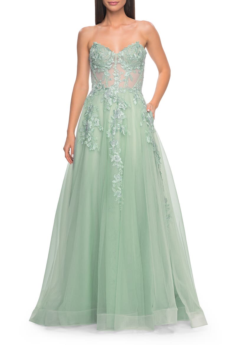 Sweetheart Strapless Gown with Beautiful Lace Applique, Alternate, color, Sage