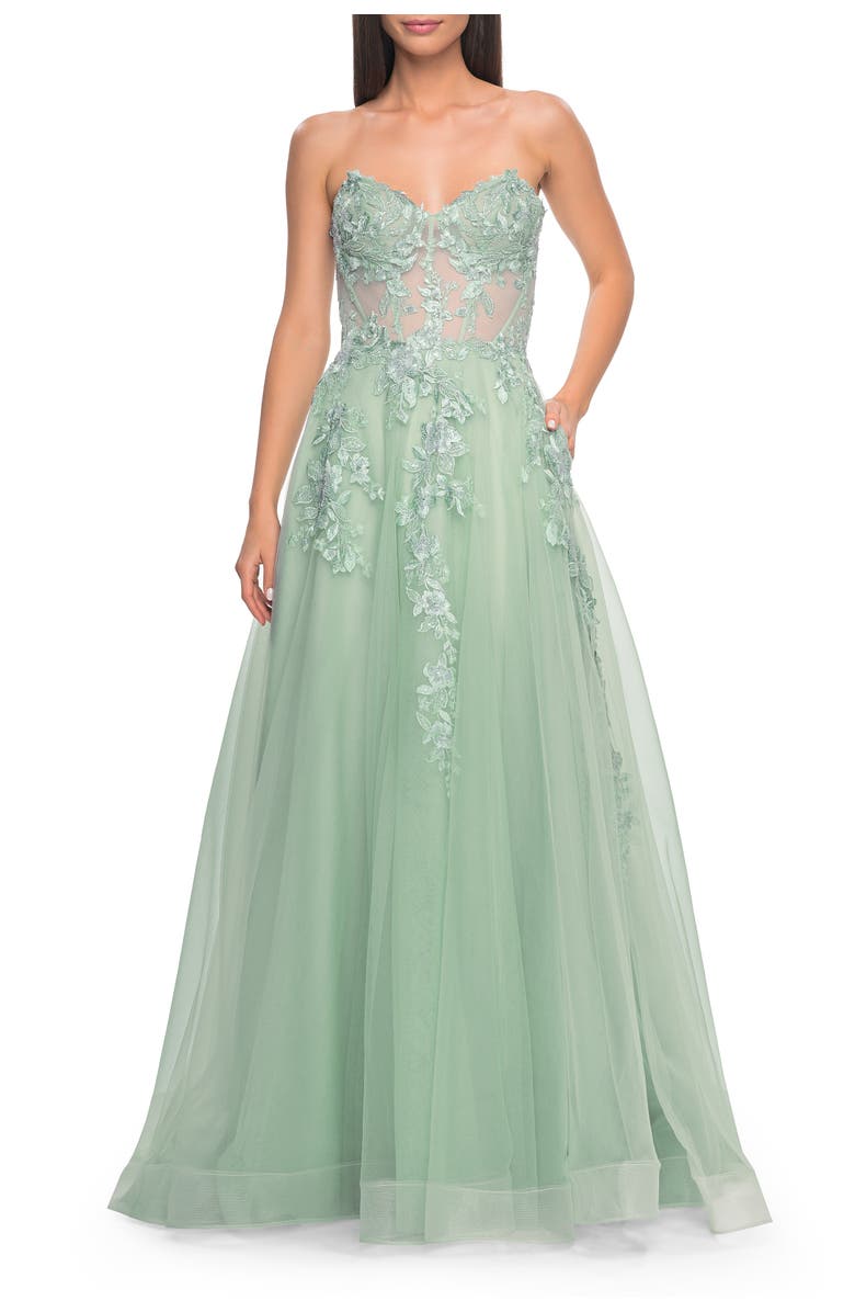 La Femme Sweetheart Strapless Gown with Beautiful Lace Applique, Alternate, color, Sage
