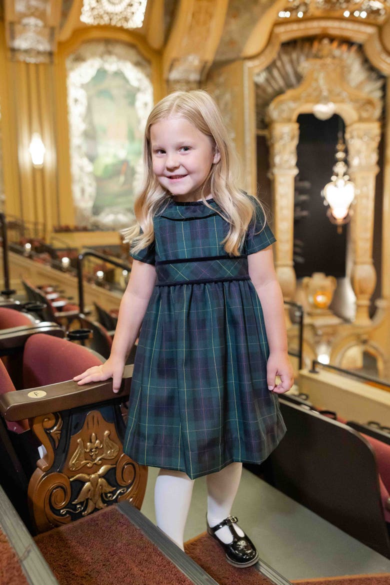 Plaid Dress With Neck Ruffle, Alternate, color, Navy, Green