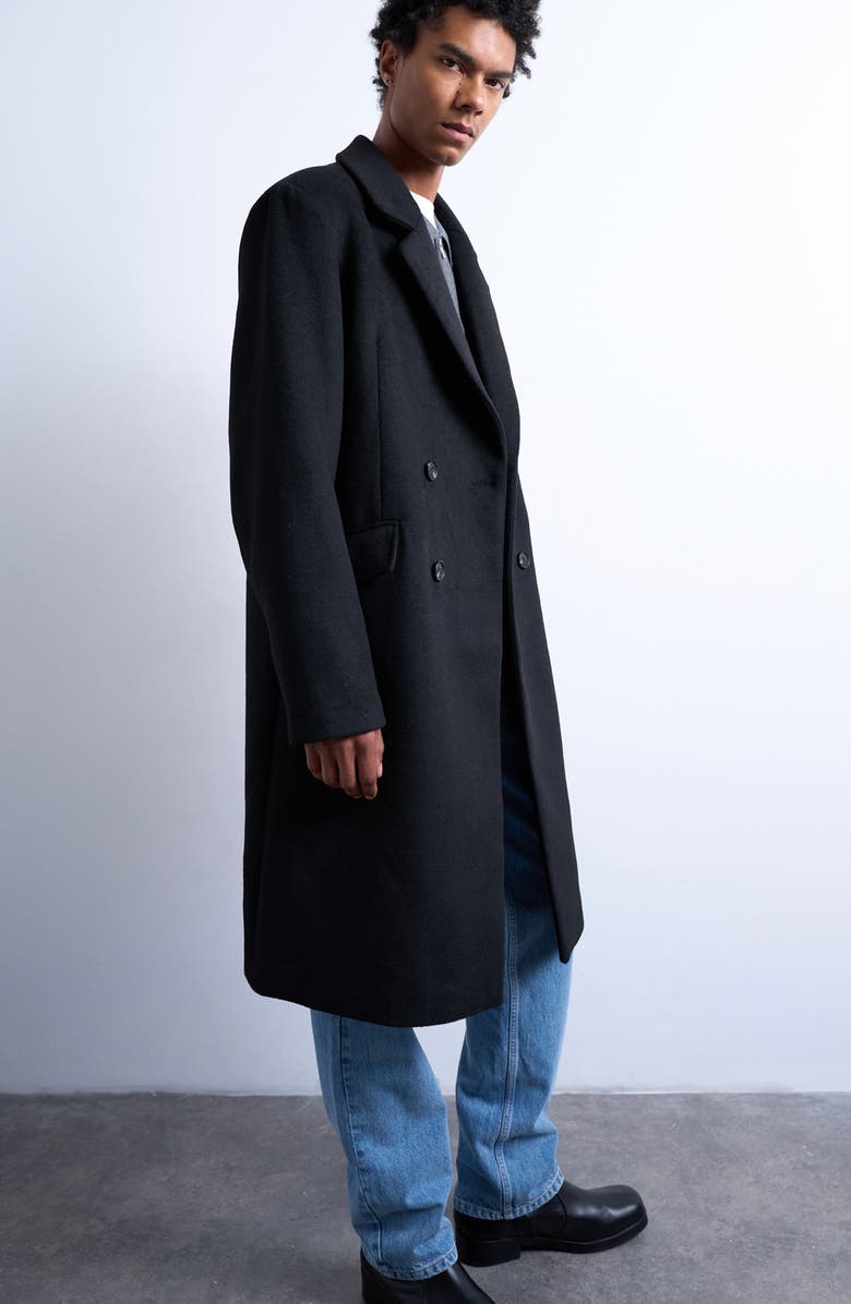 Topman Double Breasted Overcoat, Alternate, color, Black