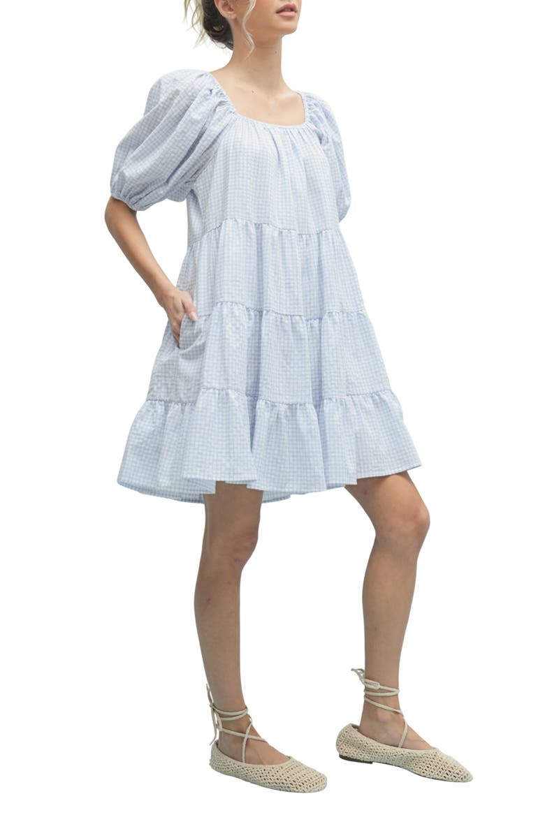 Plaid Puff Sleeve Cotton Blend Tiered Minidress, Alternate, color, OFF WHITE/ SKY