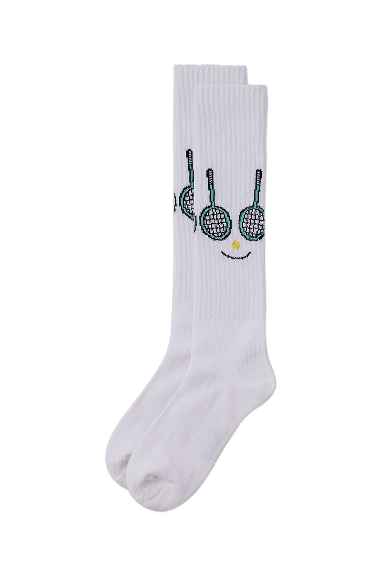 Ribbed Stretch Tennis Smiley Face Knee Sock, Alternate, color, White