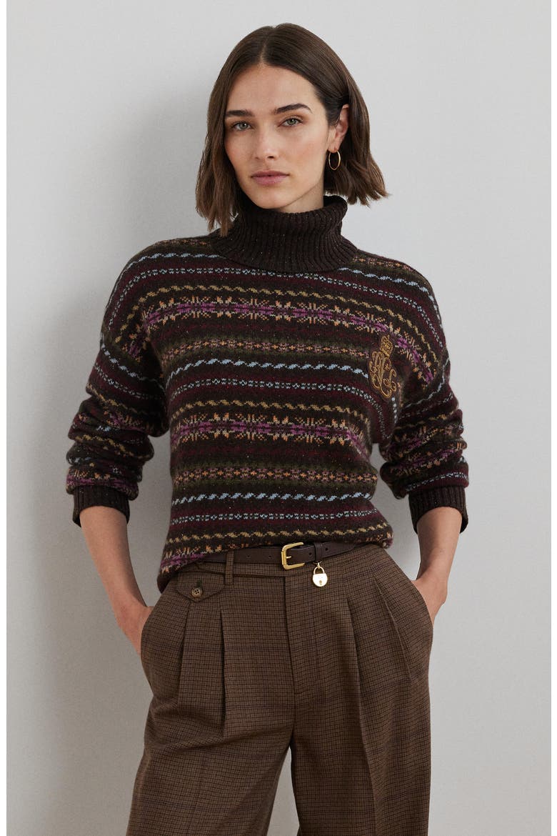 Fair Isle Wool Blend Turtleneck Sweater, Alternate, color, BROWN MULTI