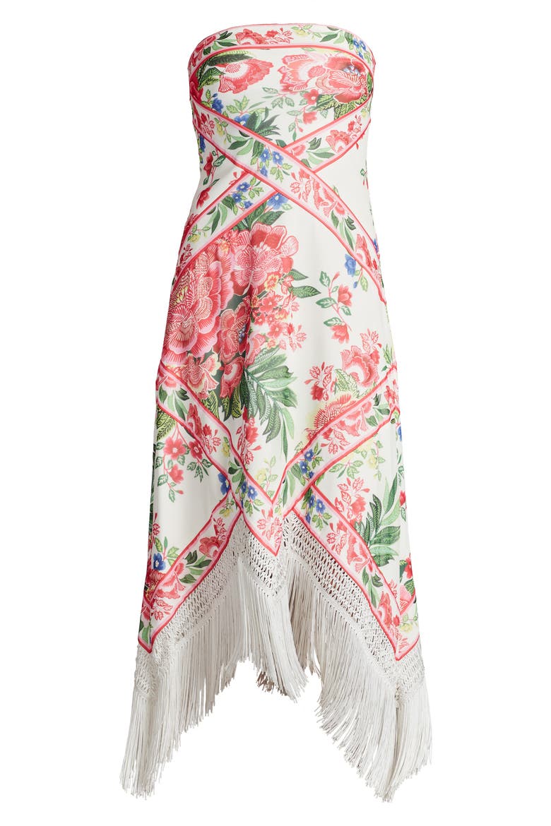Scarf Print Fringe Detail Strapless Cocktail Midi Dress, Alternate, color, WHITE/ FUCHSIA FLORAL