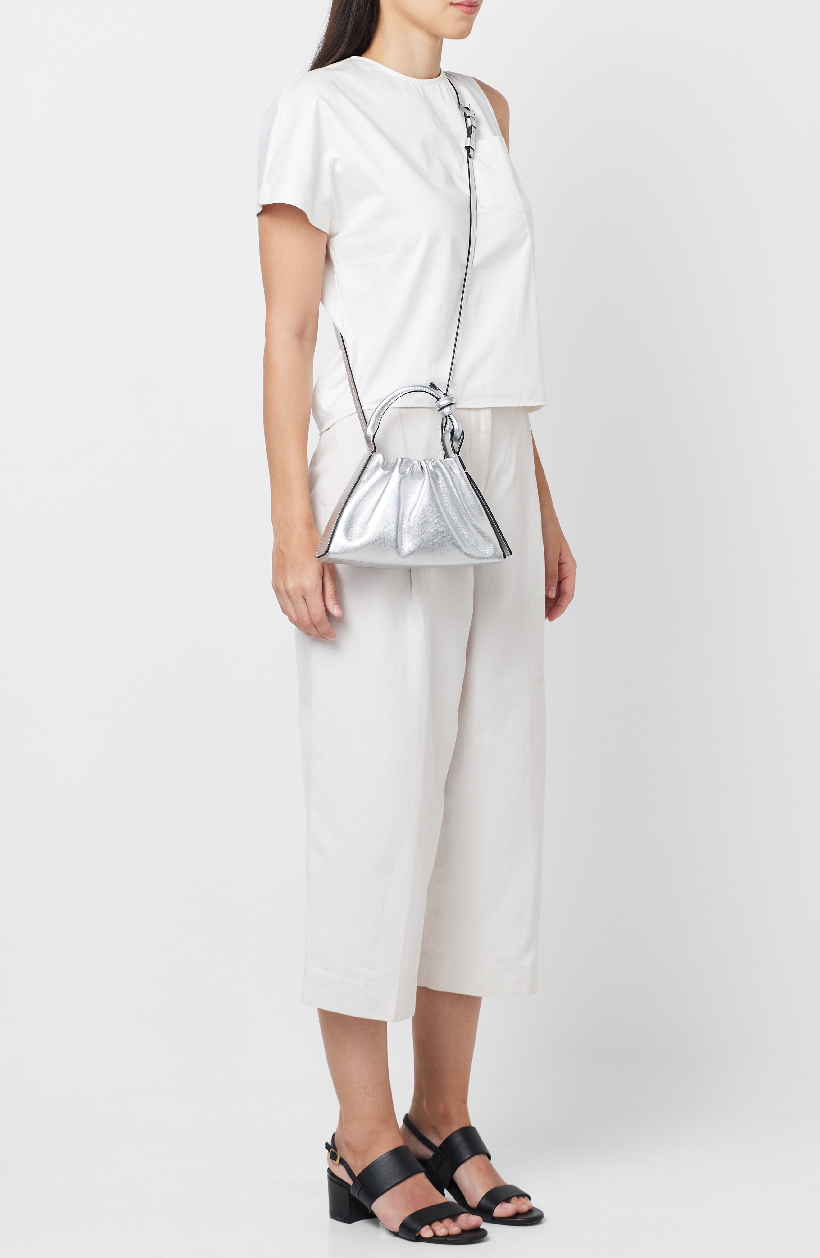 behno Mini Tina Ruched Metallic Leather Baguette Top Handle Bag, Alternate, color, Silver