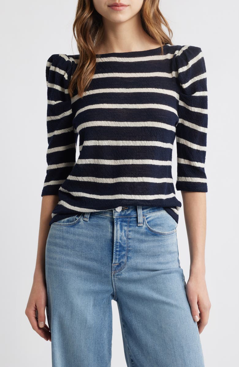 FRAME The Ruched Stripe Wool T-Shirt, Main, color, Navy Multi