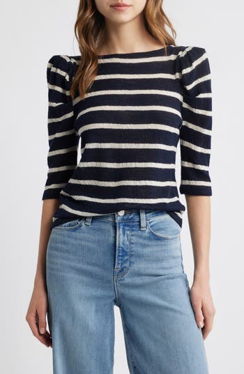 Frame The Ruched Stripe Wool T-shirt In Multi