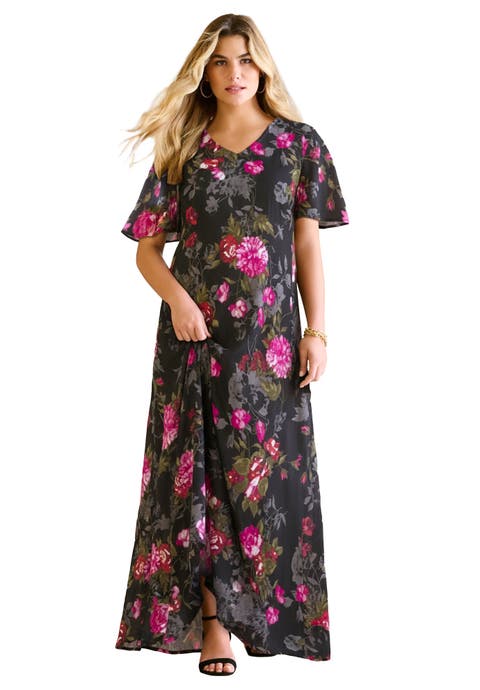 Plus Size Hand Crinkled Flutter-Sleeve Maxi Dress (Plus)
