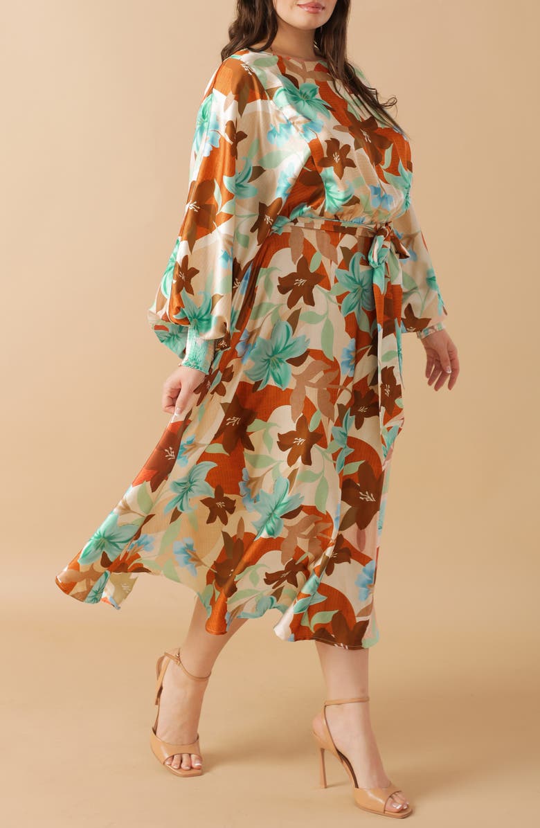FLYING TOMATO Print Woven Midi Dress, Alternate, color, Rust Teal