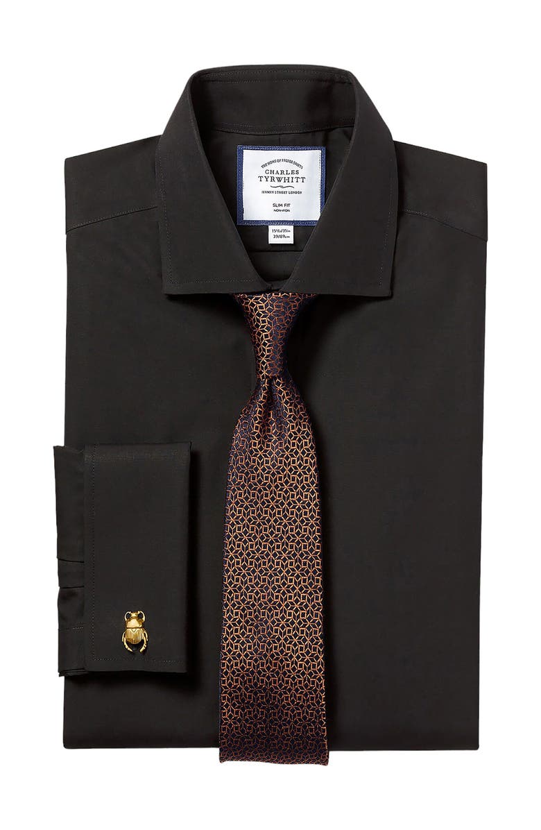 Charles Tyrwhitt Non-Iron Poplin Cutaway Slim Fit Shirt Single Cuff, Alternate, color, Black