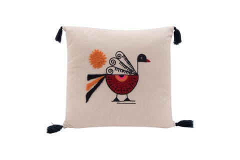 Square Cotton Pillow with Embroidered Peacock, Orange Sun & Corner Tassels