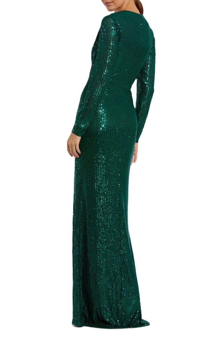 Mac Duggal Sequined Long Sleeve Side Knot Gown, Alternate, color, Emerald