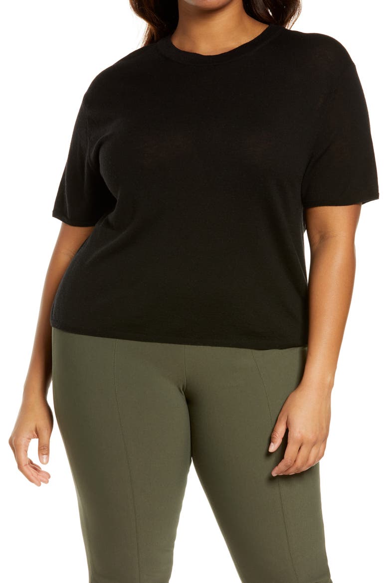 Easy Short Sleeve Wool & Cashmere Blend Sweater, Main, color, BLACK