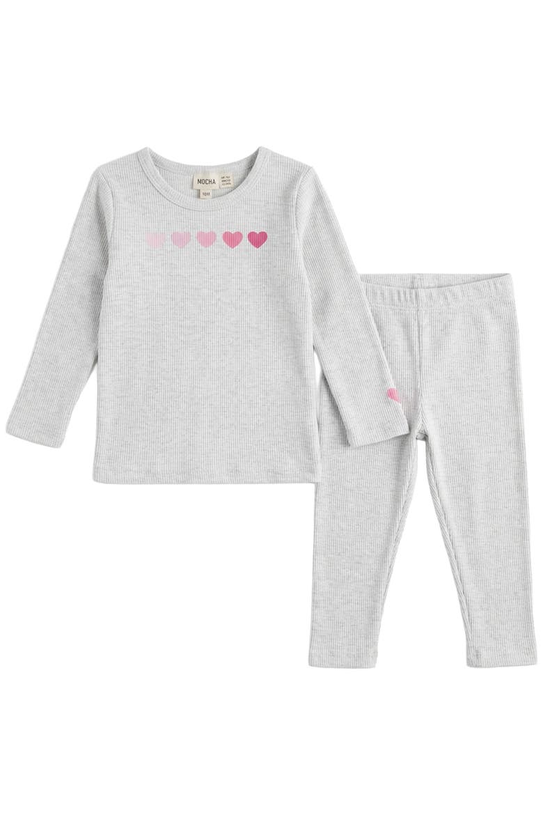 Heart Print Rib Knit 2 Piece Long Sleeve Top and Pants Set, Main, color, Light Grey Mix/Pink