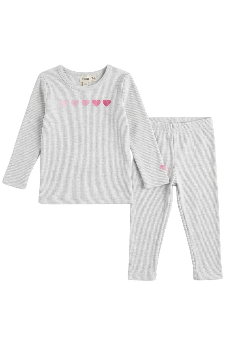 Mocha Heart Print Rib Knit 2 Piece Long Sleeve Top and Pants Set, Main, color, Light Grey Mix/Pink