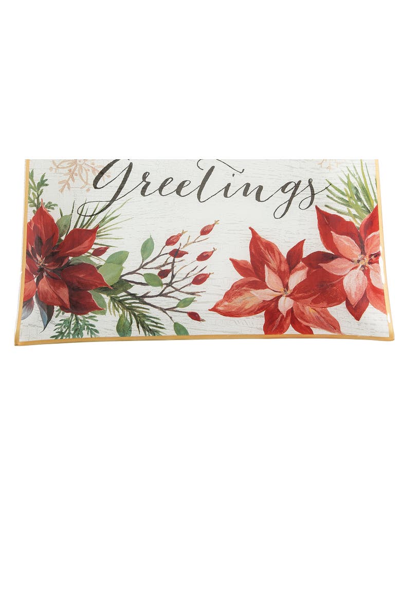 Poinsettia Seasons Greetings Slump Glass Decorative Platter, Alternate, color, Red