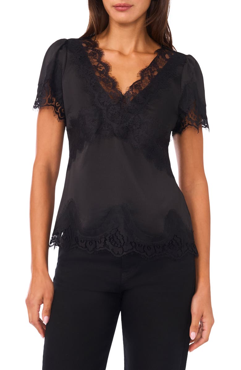 Vince Camuto Lace Satin Top, Main, color, Rich Black