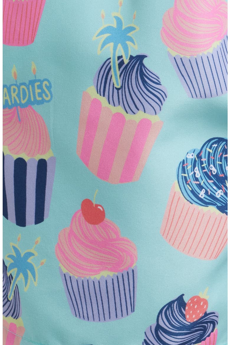 Celebrations Cupcake Print Mid Length Swim Trunks, Alternate, color, BLUE