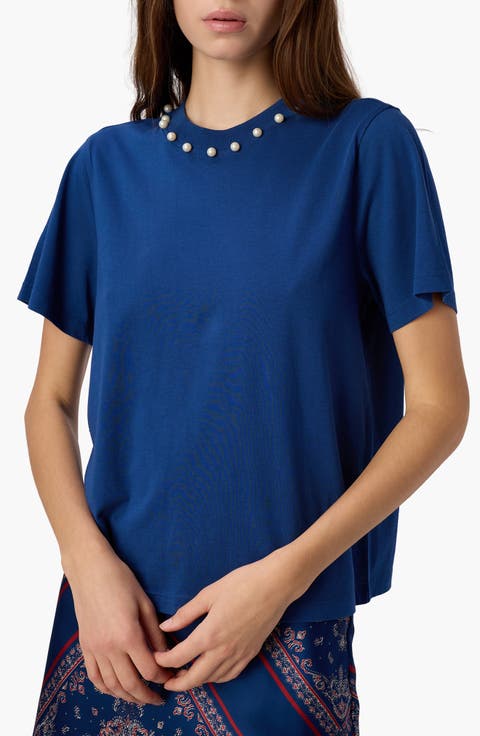 Mattea Faux Pearl Trim Pima Cotton T-Shirt