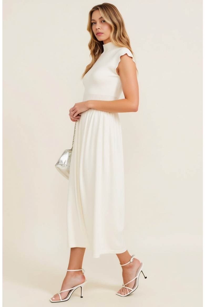 Mock Neck Cap Sleeve Knit Midi Dress with Elastic Waist Detail, Alternate, color, White