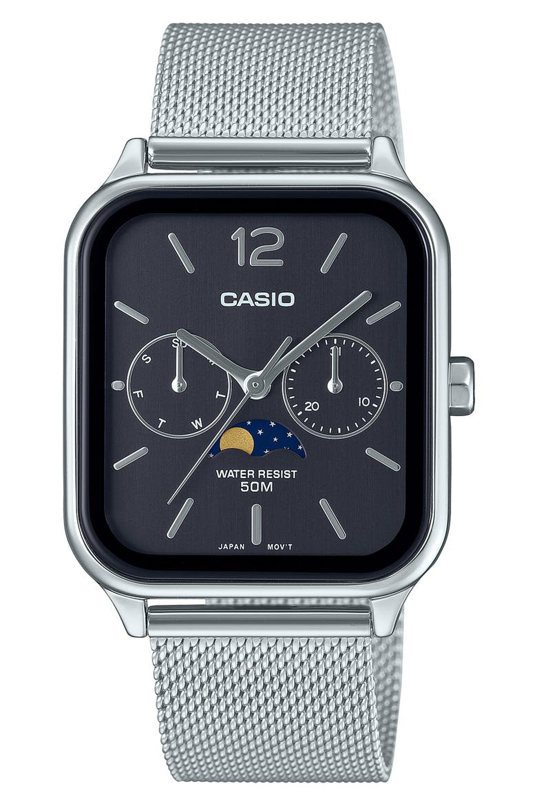 Moonphase Mesh Strap Watch, 44.5mm x 34mm, Main, color, SILVER/ BLACK