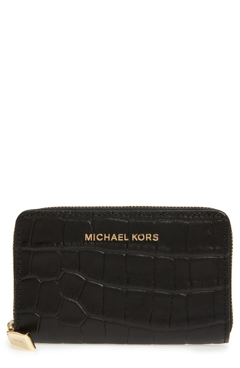 MICHAEL Michael Kors Small Jet Set Croc Embossed Leather Card Case, Main, color,