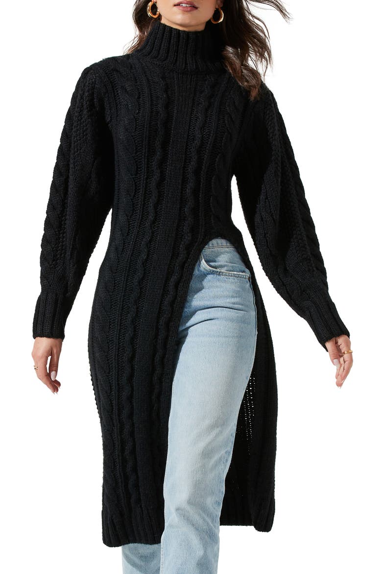 Evangelina Cable Stitch Maxi Turtleneck Sweater, Main, color, BLACK
